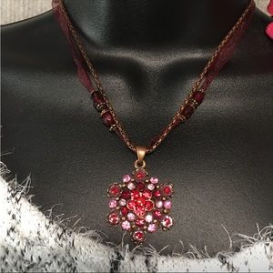 Costume Jewelry red & pink stones copper colored chain wine ribbon necklace EUC